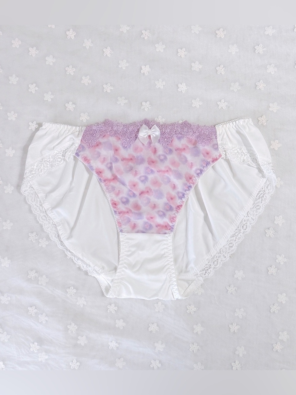 US-S/JP-L  Japanese Cute Satin Bow Chiffon Trim Embroidery Nylon Panties